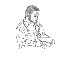A line drawing of a medical professional writing on a clipboard