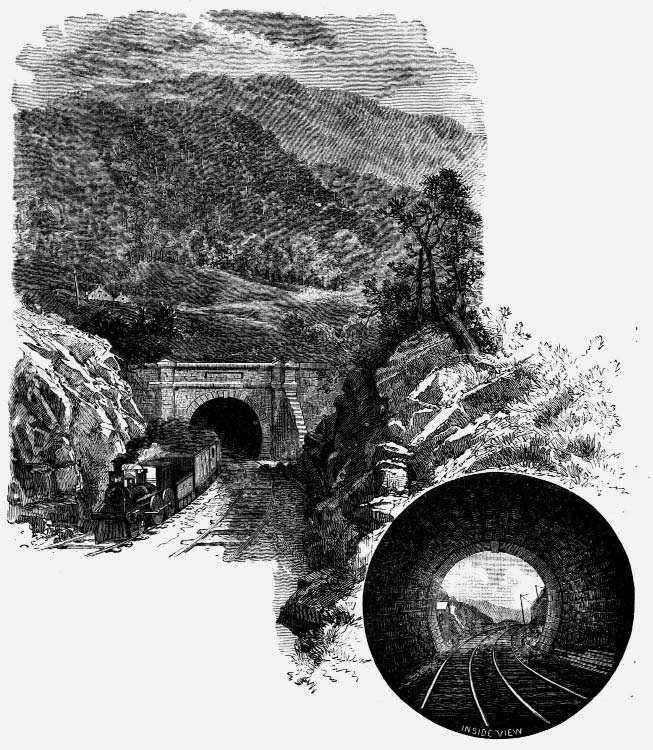 A train emerging from a mountain tunnel with an inset interior view