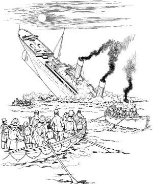 People in a lifeboat beside a sinking ship