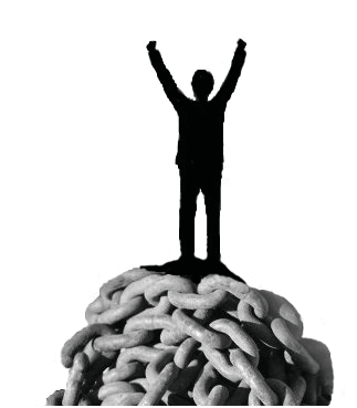 silhouette of a standing person above a cluster of hands