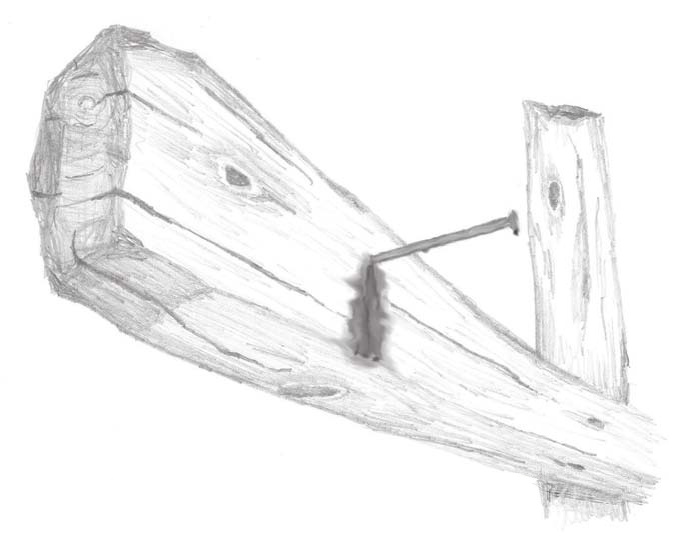 A nail driven through a sketched wooden beam toward an upright post.