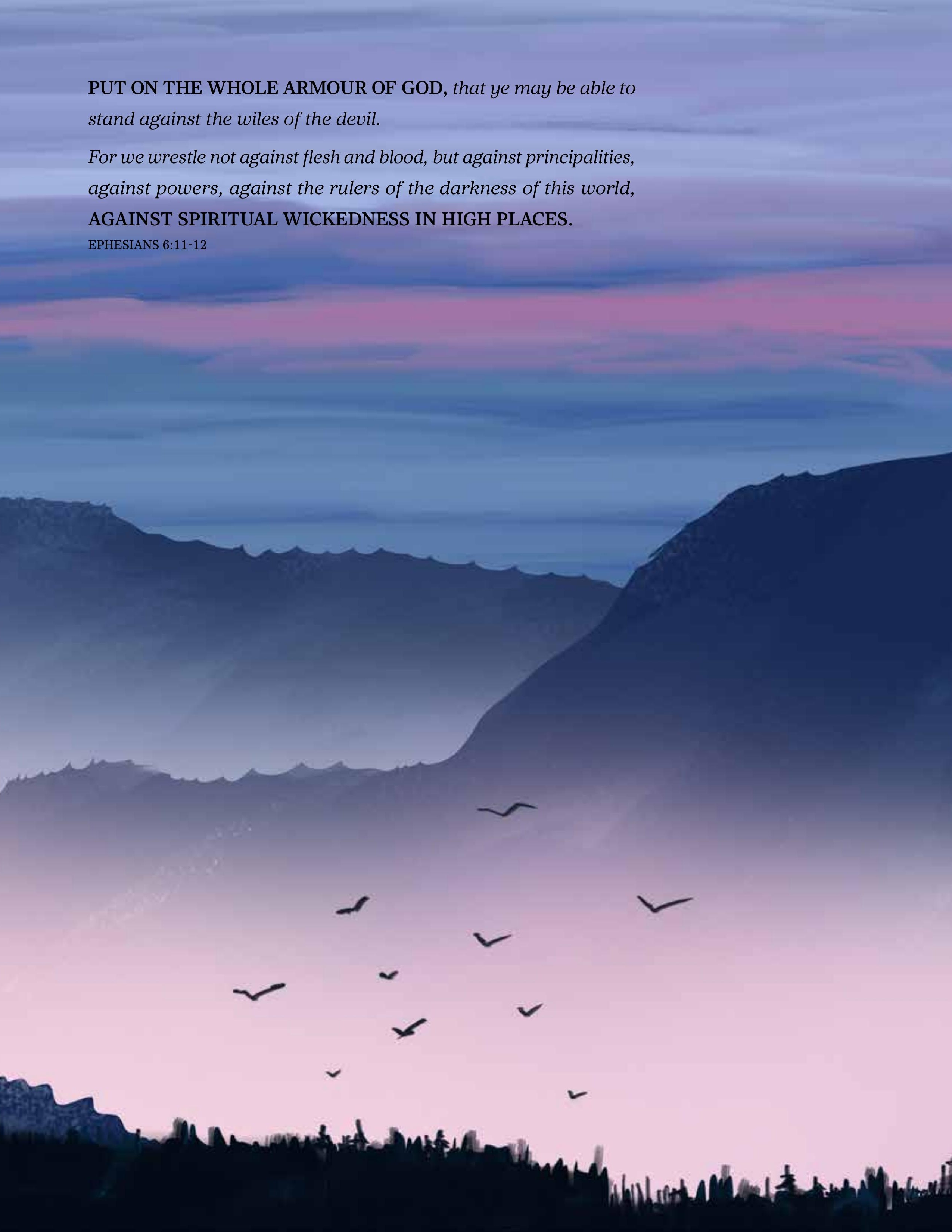 Mountain silhouettes and birds at dusk beneath Ephesians 6:11-12