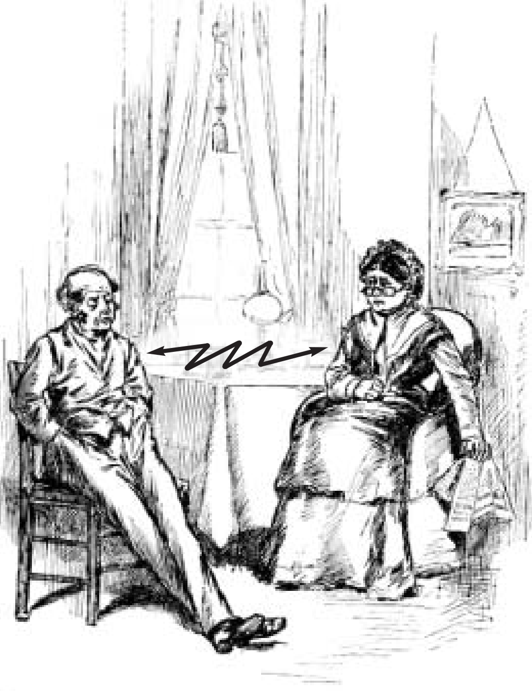 A man and woman sit facing one another with a zigzag arrow between them.