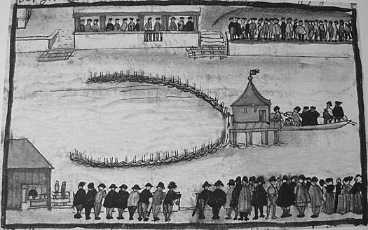 A historical illustration of Felix Manz being taken onto the Limmat River