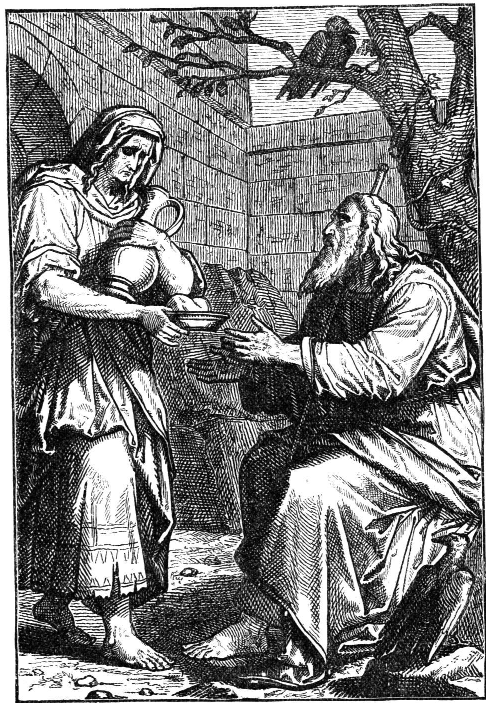 A woman serving a seated bearded man.