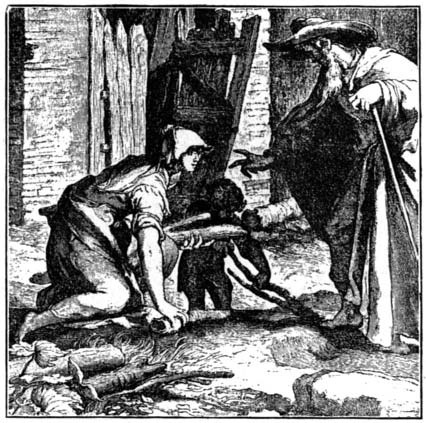 A bearded man speaking with a woman gathering sticks.