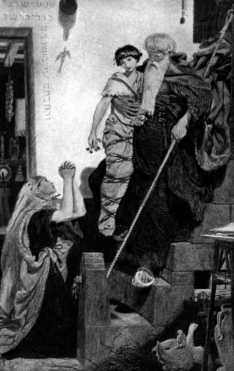A man carrying a child down steps toward a woman.