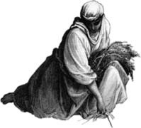 A seated woman in a long garment holds a bundle of grain.