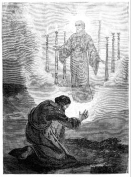 A kneeling man reaches toward a standing robed figure surrounded by candlesticks.