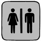 A restroom sign with female and male silhouettes separated by a vertical line.