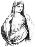 A woman wears a long draped garment and a head covering.