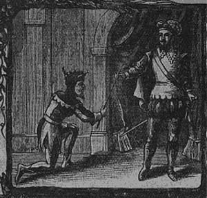 A kneeling figure holding a staff before a standing king.