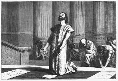 Engraving of a preacher addressing people in a church