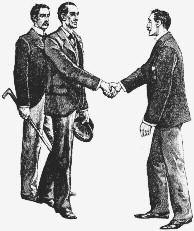 Illustration of three men greeting one another