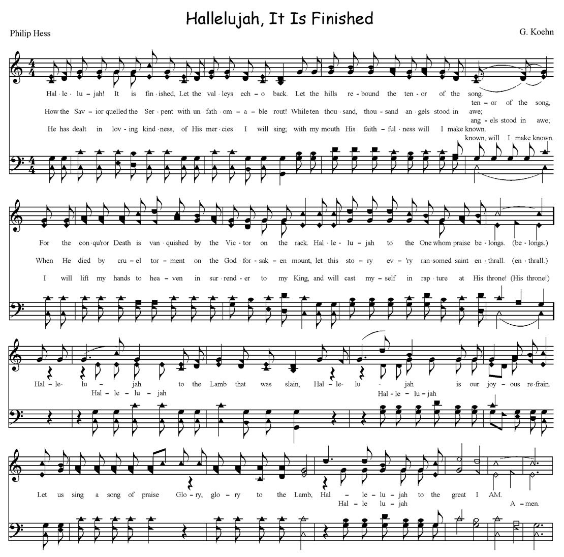 Sheet music and lyrics for Hallelujah, It Is Finished by Philip Hess and G. Koehn