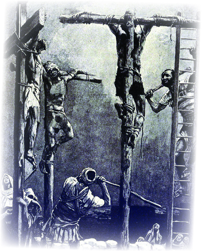 A crucifixion scene showing Jesus on the cross with soldiers and onlookers