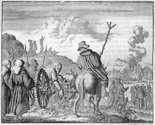 An engraving of a mounted official, soldiers and a man being led toward a fire.