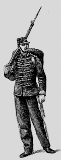 A uniformed soldier carrying a rifle with a bayonet.