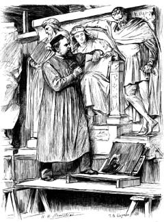 A sculptor works on a seated figure while two people watch.