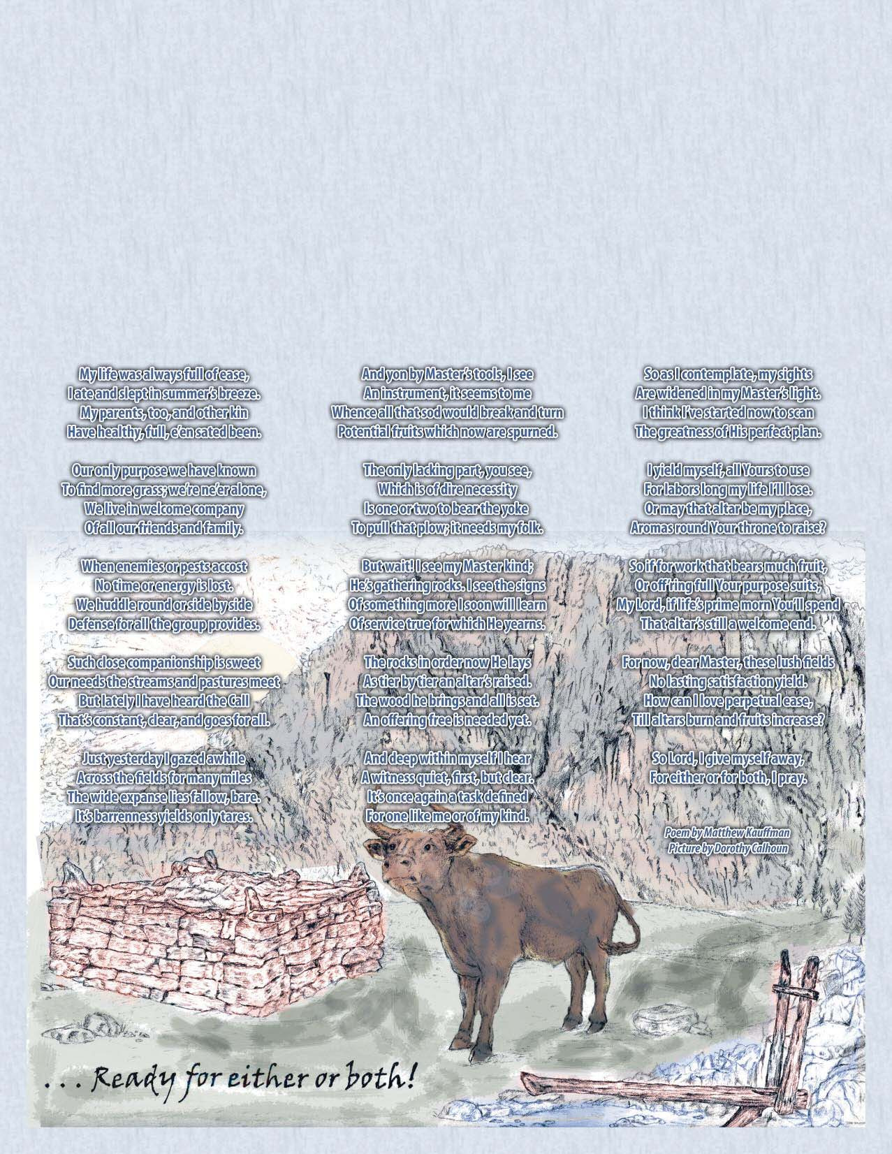 A cow beside stones and wood beneath three columns of printed verse