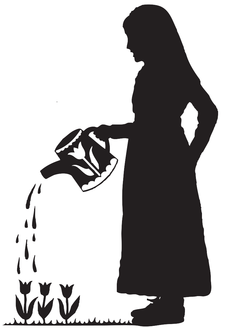 Silhouette of a woman watering flowers