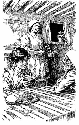 Woodcut scene of a woman serving food at a table