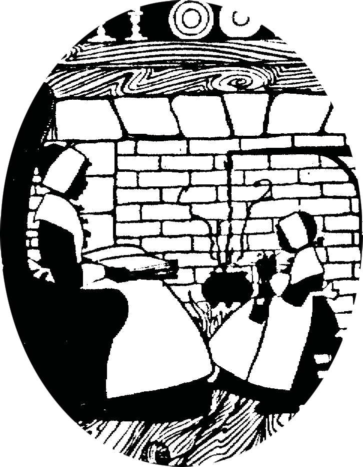 Illustration of people near a brick oven