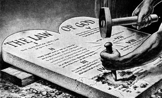 A hammer and chisel breaking tablets marked The Law of God