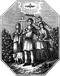 Three figures beneath a dove, with a cross and a lamb.
