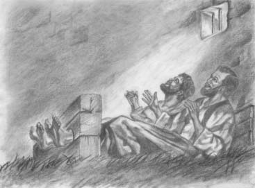 Two imprisoned men praying toward a barred window