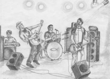 Musicians performing with guitars, drums, amplifiers, and stage lights