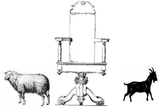 A sheep and a goat stand on either side of a throne.