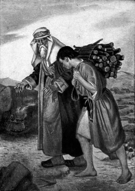 An older man beside a younger man carrying a bundle of wood