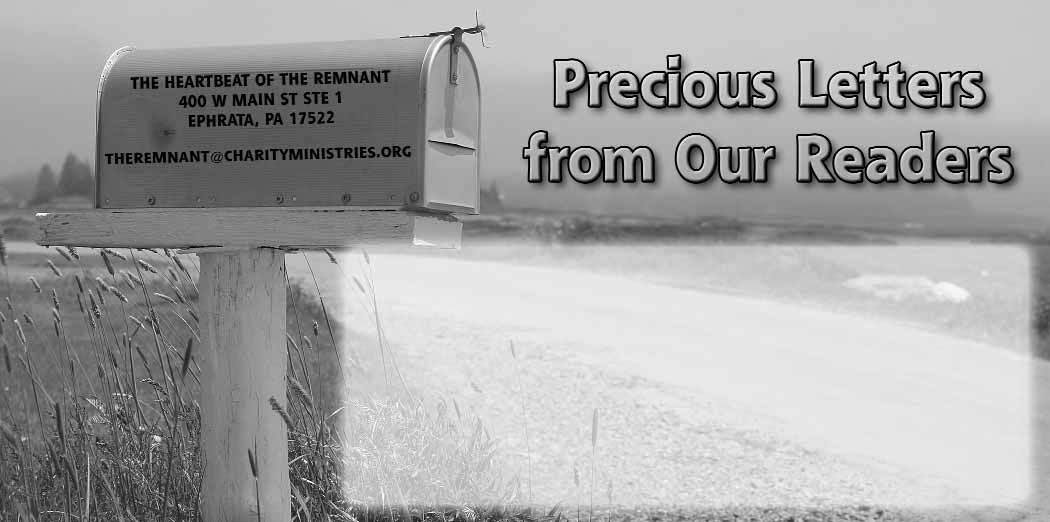 Roadside mailbox and grass beneath the printed Precious Letters from Our Readers heading