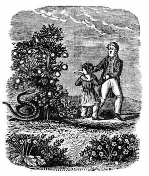 old engraving of a serpent in a garden beside two people