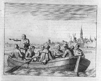 Historical engraving of people in a boat approaching a town