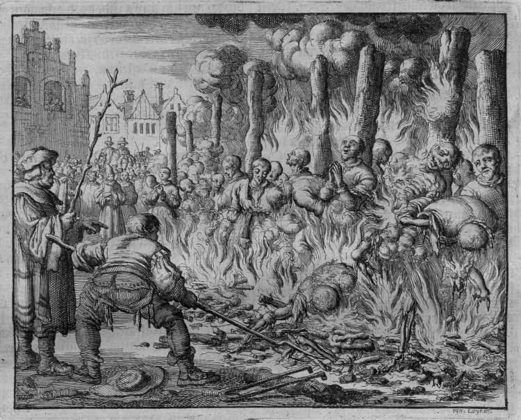Historical engraving of Anabaptist martyrs in flames before a crowd