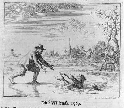 Engraving of Dirk Willems rescuing a man from icy water