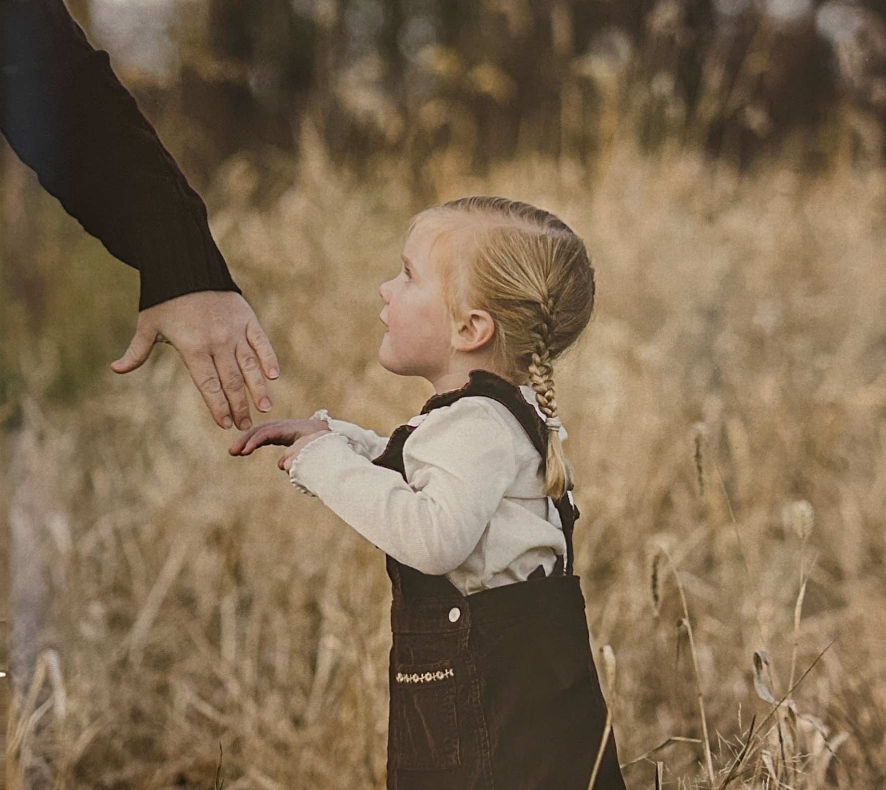 A young girl in a grassy field reaches toward an adult’s hand.