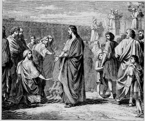 Jesus surrounded by men, women, and children