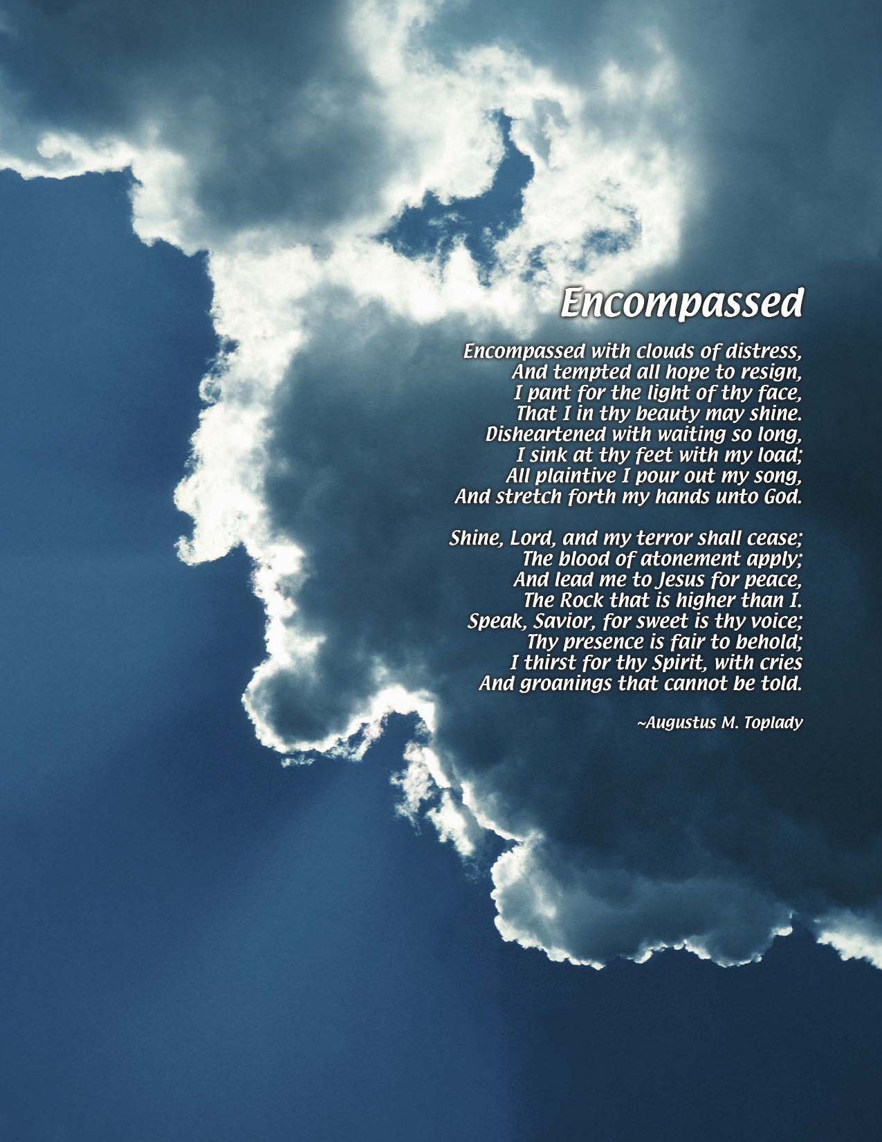 Sunlight shines through dark clouds, with the poem printed over the sky