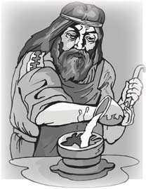 A bearded man stirring a bowl of soup