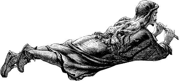 Engraving of a floating figure playing a flute