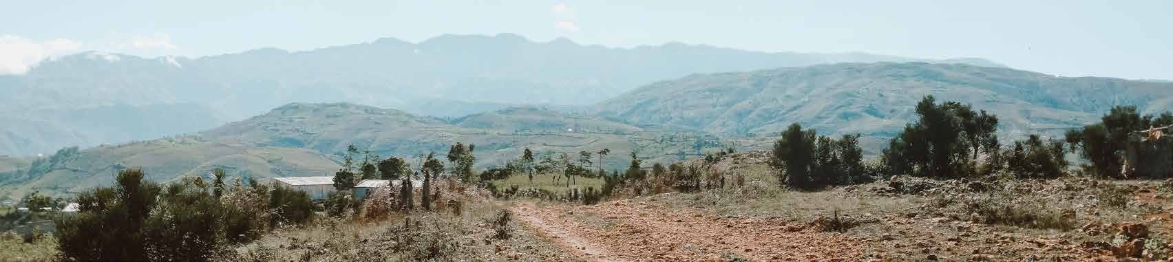 A rural Haitian landscape with a dirt road and mountains