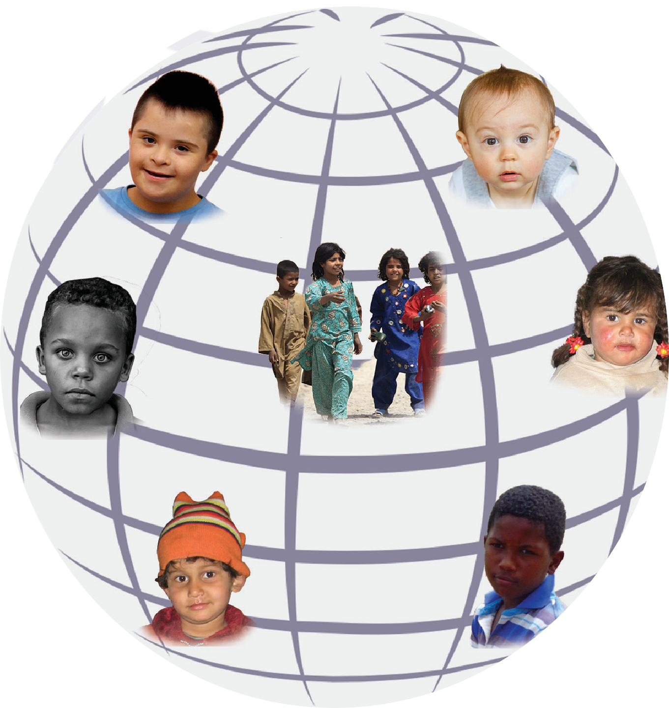 Children from different parts of the world arranged on a globe