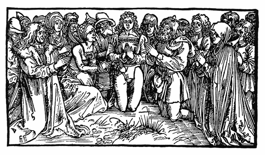 A woodcut-style illustration of a kneeling man surrounded by people