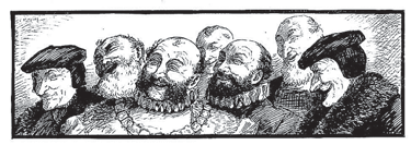 A black-and-white caricature of men gathered in conversation