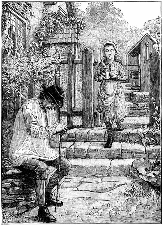 An older woman sewing while a younger woman approaches in a courtyard