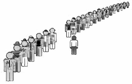 Illustration of a single figure standing between two separate lines of people