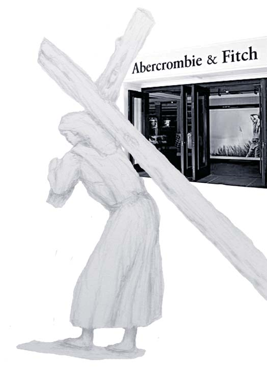 A person carrying a cross past an Abercrombie & Fitch storefront